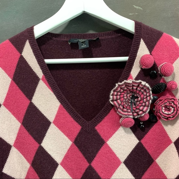 Weekend MaxMara 100% Cashmere Sweater Maglia V-neck Check Flowers details Size M - Picture 5 of 6